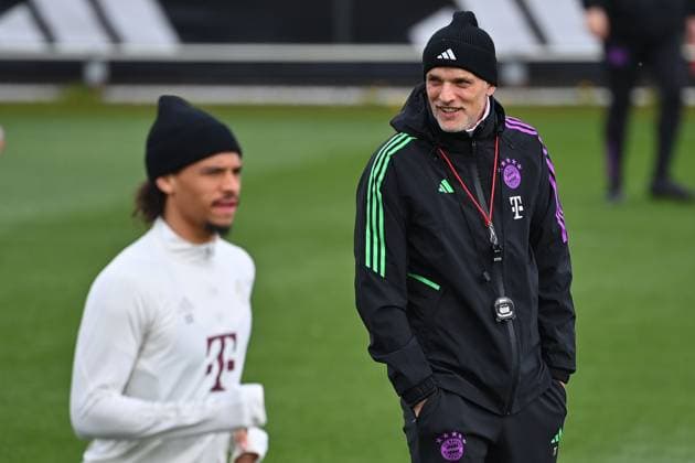 Coach Thomas TUCHEL Bayern Muenchen , vore Leroy SANE Bayern Muenchen final training on 16 04 2024 before the Champions League quarterfinal FC Bayern Muenchen Arsenal London on 17 04 2024, A L L I A N Z A R E N A