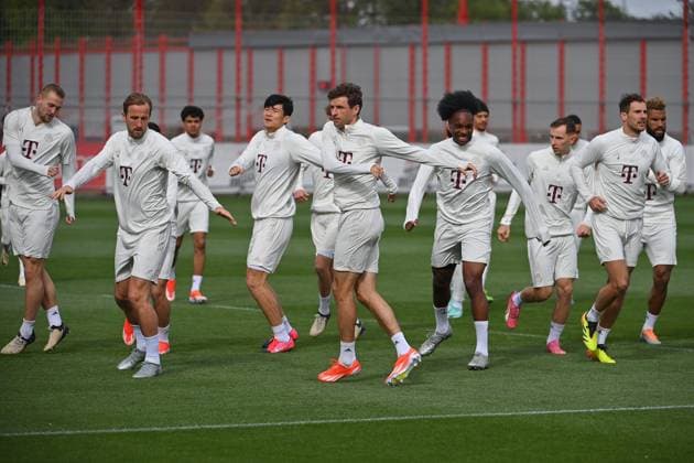 from left Eric DIER Bayern Muenchen , Harry KANE Bayern Muenchen , Minjae KIM FC Bayern Muenchen , Thomas MUELLER MÜLLER,Bayern Muenchen , Leon GORETZKA Bayern Muenchen ,Leroy SANE Bayern Muenchen action final training on 16 04 2024 before the football Champions League quarterfinal FC Bayern Muenchen Arsenal London on 17 04 2024, A L L I A N Z A R E N A