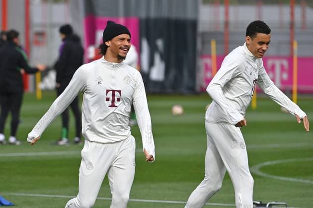 from left Leroy SANE Bayern Muenchen , Jamal MUSIALA Bayern Muenchen action final training on 16 04 2024 before the football Champions League quarterfinal FC Bayern Muenchen Arsenal London on 17 04 2024, A L L I A N Z A R E N A
