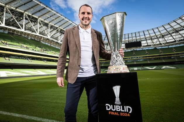 UEFA Europa League Trophy Tour With John O Shea, Aviva Stadium, Dublin 16 4 2024 Ireland interim manager John O™Shea with the Europa League Trophy John O™Shea with the Europa League Trophy 16 4 2024  Copyright: x INPHO LaszloxGeczox LG_00024-Edit