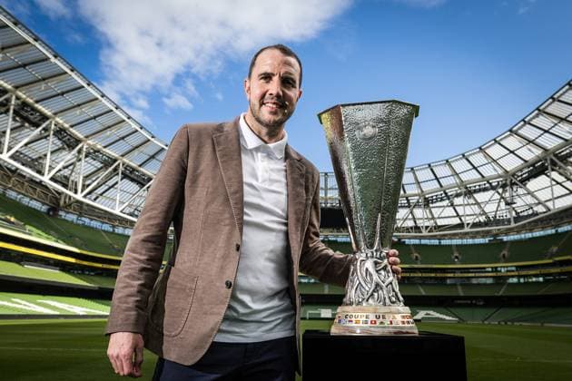 UEFA Europa League Trophy Tour With John O Shea, Aviva Stadium, Dublin 16 4 2024 Ireland interim manager John O™Shea with the Europa League Trophy John O™Shea with the Europa League Trophy 16 4 2024  Copyright: x INPHO LaszloxGeczox LG_00028-Edit