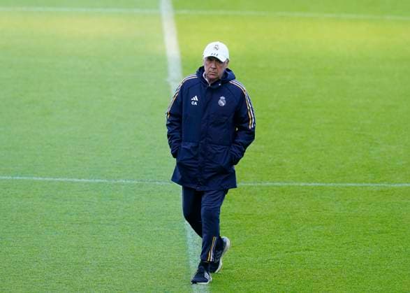 Manchester, England, 16th April 2024. Carlo Ancelotti manager of Real Madrid at a training session prior to the Champions League match tomorrow at the Etihad Stadium, Manchester. Picture: Andrew Yates Sportimage EDITORIAL USE ONLY. No use with unauthorised audio, video, data, fixture lists, club league logos or live services. Online in-match use limited to 120 images, no video emulation. No use in betting, games or single club league player publications. SPI-3083-0044