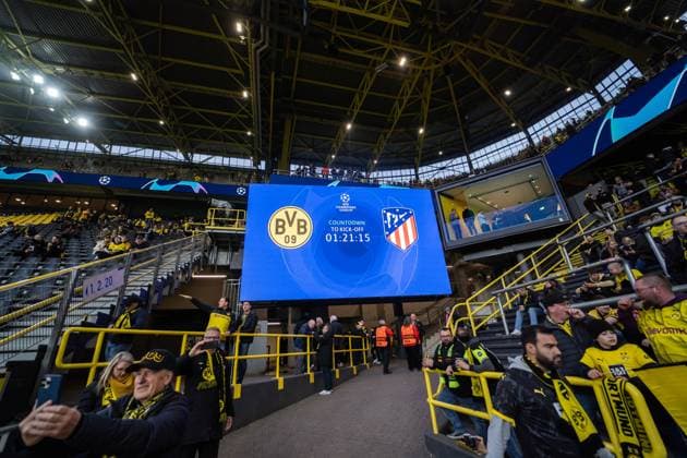 GER, UEFA Champions League, Borussia Dortmund vs AtlÃ tico Madrid Atletico Madrid 16 04 2024, Signal Iduna Park, Dortmund, GER, UEFA Champions League, Borussia Dortmund vs AtlÃ tico Madrid Atletico Madrid In the picture scoreboard with logo of BV Borussia Dortmund and AtlÃ tico Madrid Atletico Madrid nordphotoxGmbHxx xChristianxSchulze nph000300