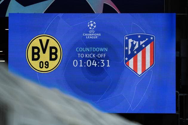 GER, UEFA Champions League, Borussia Dortmund vs AtlÃ tico Madrid Atletico Madrid 16 04 2024, Signal Iduna Park, Dortmund, GER, UEFA Champions League, Borussia Dortmund vs AtlÃ tico Madrid Atletico Madrid In the picture scoreboard with logo of BV Borussia Dortmund and AtlÃ tico Madrid Atletico Madrid nordphotoxGmbHxx xChristianxSchulze nph000300