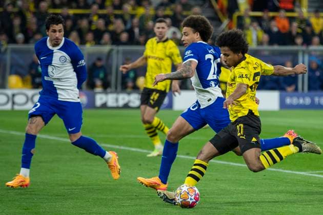 UEFA Champions League, Borussia Dortmund Atletico Madrid, 16 04 2023 Karim Adeyemi Borussia Dortmund, 27 , Axel Witsel Atletico Madrid, 20 UEFA Champions League, Borussia Dortmund Atletico Madrid, second leg quarter-final, on 16 04 2023, Signal Iduna Park, Dortmund UEFA regulations prohibit any use of photographs as image sequences and or quasi video Copyright: xBEAUTIFULxSPORTS Meuselx