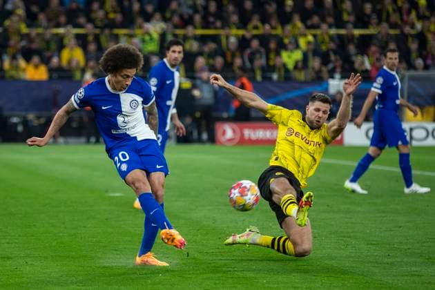 UEFA Champions League, Borussia Dortmund Atletico Madrid, 16 04 2023 Axel Witsel Atletico Madrid, 20 , Niclas Füllkrug Borussia Dortmund, 14 UEFA Champions League, Borussia Dortmund Atletico Madrid, second leg quarter-final, on 16 04 2023, Signal Iduna Park, Dortmund UEFA regulations prohibit any use of photographs as image sequences and or quasi video Copyright: xBEAUTIFULxSPORTS Meuselx