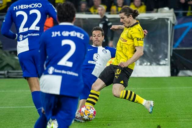 UEFA Champions League, Borussia Dortmund Atletico Madrid, 16 04 2023 Marcel Sabitzer Borussia Dortmund, 20 with the first chance of the match UEFA Champions League, Borussia Dortmund Atletico Madrid, second leg quarter-final, on 16 04 2023, Signal Iduna Park, Dortmund UEFA regulations prohibit any use of photographs as image sequences and or quasi video Copyright: xBEAUTIFULxSPORTS Meuselx