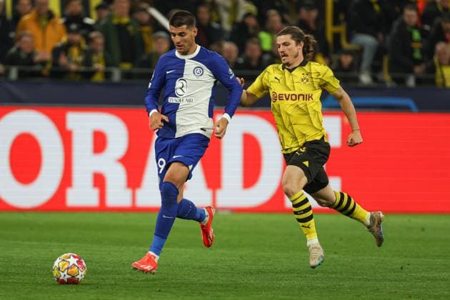 Champions League Borussia Dortmund Atletico Madrid on 16 04 2024 at Signal Iduna Park in Dortmund Alvaro Borja Morata Martin Atletico Madrid 19 vs Marcel Sabitzer Dortmund 20 MH