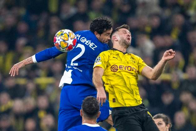 Soccer Champions League quarter-final second leg, Borussia Dortmund Atletico Madrid on 16 April 2024 at Signal Iduna Park Madrids Jose Gimenez l and Dortmunds Niclas Füllkrug fight for the ball IMPORTANT NOTE In accordance with UEFA regulations, it is prohibited to use or have used photographs taken in the stadium and or of the match in the form of sequential images and or video-like photo series Copyright: xKirchner DavidxInderliedx