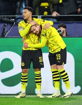 Julian Brandt of Borussia Dortmund celebrates scoring the opening goal with team-mate Jadon Sancho Borussia Dortmund v Atletico Madrid, UEFA Champions League, Quarter Final, Second Leg, Football, Signal Iduna Park, Dortmund, Germany - 16 Apr 2024 EDITORIAL USE ONLY No use with unauthorised audio, video, data, fixture lists, club league logos or live services. Online in-match use limited to 120 images, no video emulation. No use in betting, games or single club league player publications.  Copyright: xMichaelxZemanek Shutterstockx 14434932ab