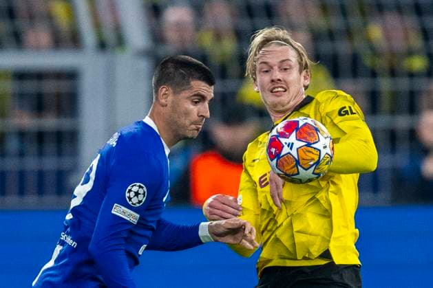 Soccer Champions League quarter-final second leg, Borussia Dortmund Atletico Madrid on 16 April 2024 at Signal Iduna Park Madrids Alvaro Morata l and Dortmunds Julian Brandt fight for the ball IMPORTANT NOTE In accordance with UEFA regulations, it is prohibited to use or have used photographs taken in the stadium and or of the match in the form of sequential images and or video-like photo series Copyright: xKirchner DavidxInderliedx