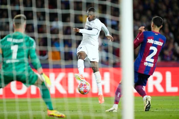 FC Barcelona, Barca v Paris Saint-Germain: Quarter-final Second Leg - UEFA Champions League 2023 24 Ousmane Dembele right winger of PSG and France shooting to goal during the UEFA Champions League quarter-final second leg match between FC Barcelona and Paris Saint-Germain at Estadi Olimpic Lluis Companys on April 16, 2024 in Barcelona, Spain. Barcelona Spain  Copyright: xJosexBretonx originalFilename:breton-fcbarcel240416_npdnt.jpg