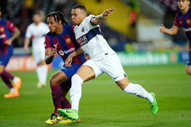 FC Barcelona, Barca v Paris Saint-Germain: Quarter-final Second Leg - UEFA Champions League 2023 24 Kylian Mbappe centre-forward of PSG and France and Jules Kounde centre-back of Barcelona and France compete for the ball during the UEFA Champions League quarter-final second leg match between FC Barcelona and Paris Saint-Germain at Estadi Olimpic Lluis Companys on April 16, 2024 in Barcelona, Spain. Barcelona Spain  Copyright: xJosexBretonx originalFilename:breton-fcbarcel240416_npF7T.jpg