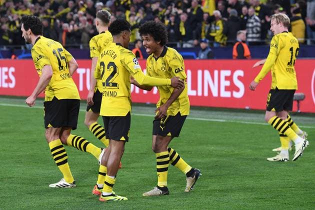 Soccer Champions League quarter final Borussia Dortmund Atletico Madrid on 16 04 2024 at Signal Iduna Park in Dortmund Goal celebration to 2 0 by Ian Maatsen Dortmund xRx