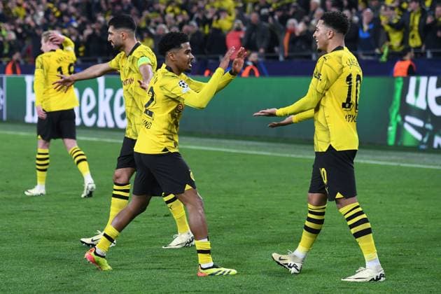 Soccer Champions League quarter final Borussia Dortmund Atletico Madrid on 16 04 2024 at Signal Iduna Park in Dortmund Goal celebration to 2 0 by Ian Maatsen Dortmund xRx