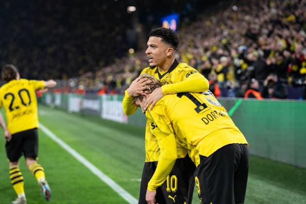 GER, UEFA Champions League, Borussia Dortmund vs AtlÃ tico Madrid Atletico Madrid 16 04 2024, Signal Iduna Park, Dortmund, GER, UEFA Champions League, Borussia Dortmund vs AtlÃ tico Madrid Atletico Madrid In the picture Goal celebrations for the 1 0 goal by Julian Brandt BV Borussia Dortmund, 19 Jadon Sancho BV Borussia Dortmund, 10 nordphotoxGmbHxx xChristianxSchulze nph000300