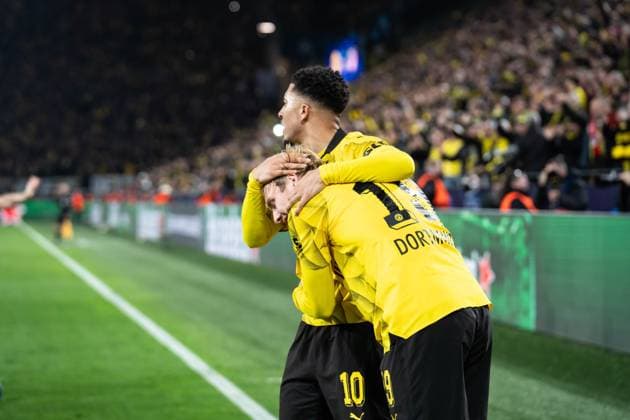 GER, UEFA Champions League, Borussia Dortmund vs AtlÃ tico Madrid Atletico Madrid 16 04 2024, Signal Iduna Park, Dortmund, GER, UEFA Champions League, Borussia Dortmund vs AtlÃ tico Madrid Atletico Madrid In the picture Goal celebrations for the 1 0 goal by Julian Brandt BV Borussia Dortmund, 19 Jadon Sancho BV Borussia Dortmund, 10 nordphotoxGmbHxx xChristianxSchulze nph000300