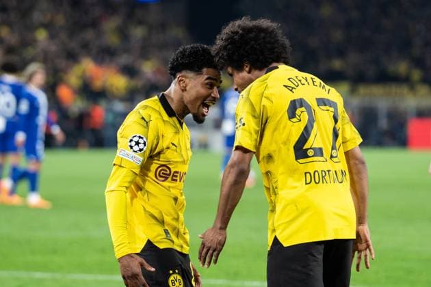 GER, UEFA Champions League, Borussia Dortmund vs AtlÃ tico Madrid Atletico Madrid 16 04 2024, Signal Iduna Park, Dortmund, GER, UEFA Champions League, Borussia Dortmund vs AtlÃ tico Madrid Atletico Madrid In the picture Goal celebrations for the 2-0 goal by Ian Maatsen BV Borussia Dortmund, 22 Jadon Sancho BV Borussia Dortmund, 10 nordphotoxGmbHxx xChristianxSchulze nph000300