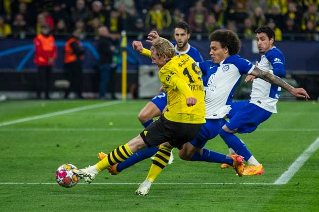 UEFA Champions League, Borussia Dortmund Atletico Madrid, 16 04 2023 Julian Brandt Borussia Dortmund, 19 scores the goal for 1 0 UEFA Champions League, Borussia Dortmund Atletico Madrid, second leg quarter-final, on 16 04 2023, Signal Iduna Park, Dortmund UEFA regulations prohibit any use of photographs as image sequences and or quasi video Copyright: xBEAUTIFULxSPORTS Meuselx