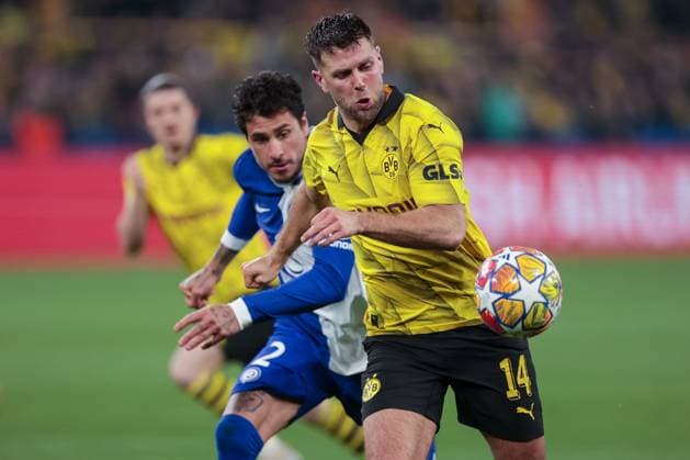 16 04 2024, Football, Season 2023 2024, UEFA Champions League, UCL, Quarter-final, Round 2, Second leg, Borussia Dortmund Atletico Madrid, v l Jose Maria Gimenez Atletico Madrid , Niclas Füllkrug Borussia Dortmund in duel, Dortmund Signal Iduna Park NRW Germany xRHR PHOTO DEx Copyright: DennisxEwert RHR-FOTOx RHR-FOTO DE