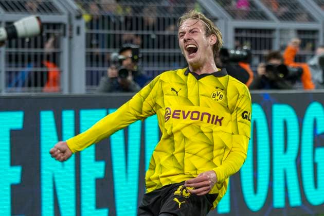 UEFA Champions League, Borussia Dortmund Atletico Madrid, 16 04 2023 Julian Brandt Borussia Dortmund, 19 cheers after his goal UEFA Champions League, Borussia Dortmund Atletico Madrid, second leg quarter-final, on 16 04 2023, Signal Iduna Park, Dortmund UEFA regulations prohibit any use of photographs as image sequences and or quasi video Copyright: xBEAUTIFULxSPORTS Meuselx
