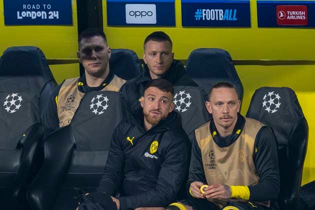 Soccer Champions League quarter-final second leg, Borussia Dortmund Atletico Madrid on 16 April 2024 at Signal Iduna Park Dortmunds Niklas Süle l and Dortmunds Marco Reus sit on the bench IMPORTANT NOTE In accordance with UEFA regulations, it is prohibited to use or have used photographs taken in the stadium and or of the match in the form of sequential images and or video-like photo series Copyright: xKirchner DavidxInderliedx