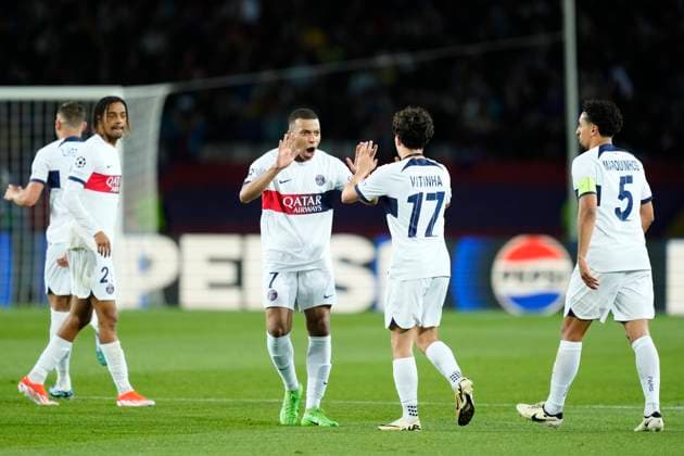 FC Barcelona, Barca v Paris Saint-Germain: Quarter-final Second Leg - UEFA Champions League 2023 24 Vitinha central midfield of PSG and Portugal celebrates after scoring his sides first goal during the UEFA Champions League quarter-final second leg match between FC Barcelona and Paris Saint-Germain at Estadi Olimpic Lluis Companys on April 16, 2024 in Barcelona, Spain. Barcelona Spain  Copyright: xJosexBretonx originalFilename:breton-fcbarcel240416_np90b.jpg