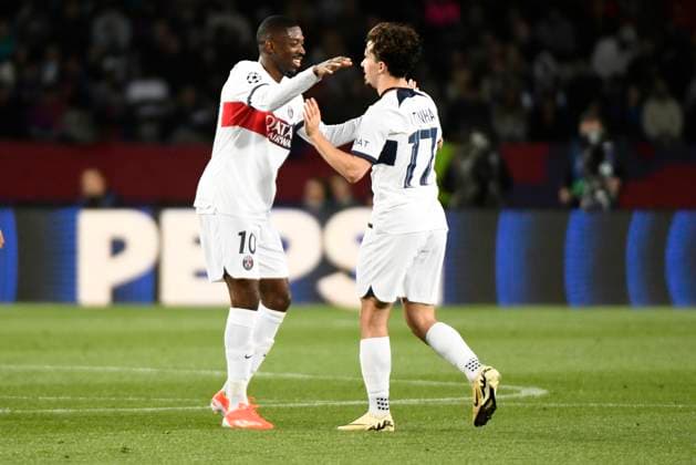 Celebration but Vitinha (PSG) quart de final retour de la Ligue des Champions opposant le FC Barcelona, Barca au Paris Saint Germain le 16 avril 2024 au Estadi Olimpic Lluis Companys a Barcelone, Espagne. FOOTBALL : FC Barcelone vs Paris Saint Germain - Ligue des Champions - 16 04 2024 ValentinaClaret Panoramic 