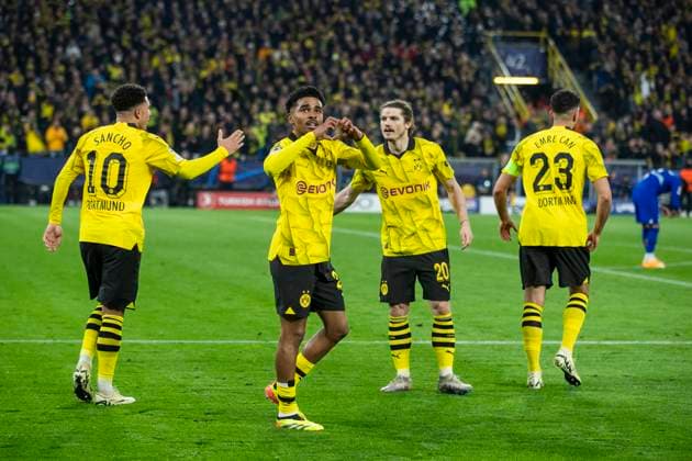 UEFA Champions League, Borussia Dortmund Atletico Madrid, 16 04 2023 Ian Maatsen Borussia Dortmund, 22 cheers after his goal for 2 0 UEFA Champions League, Borussia Dortmund Atletico Madrid, second leg quarter-final, on 16 04 2023, Signal Iduna Park, Dortmund UEFA regulations prohibit any use of photographs as image sequences and or quasi video Copyright: xBEAUTIFULxSPORTS Meuselx