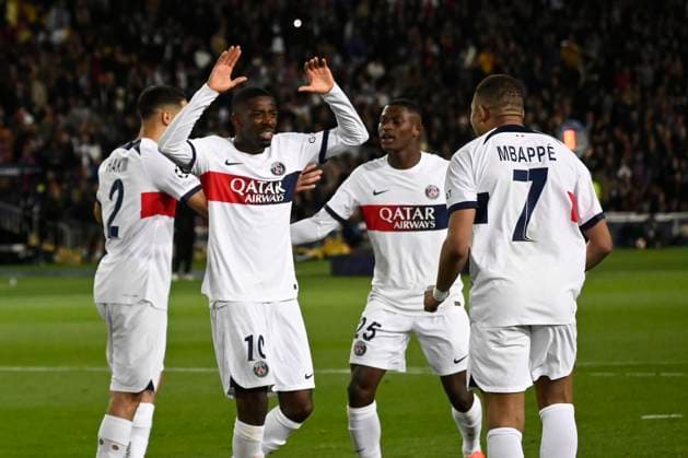 Celebration but Kylian MBAPPE (PSG) sur penalty quart de final retour de la Ligue des Champions opposant le FC Barcelona, Barca au Paris Saint Germain le 16 avril 2024 au Estadi Olimpic Lluis Companys a Barcelone, Espagne. FOOTBALL : FC Barcelone vs Paris Saint Germain - Ligue des Champions - 16 04 2024 ValentinaClaret Panoramic 