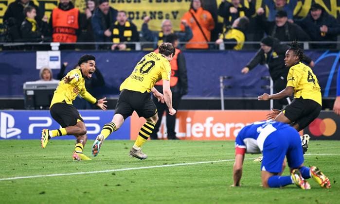 Football, Champions League, Germany, Men, 2023 2024 season, Quarter-final second leg, Signal Iduna Park Dortmund Bor Dortmund Atletico Madrid cheer Marcel Sabitzer BVB after his goal to 4 2, together with Ian Maatsen BVB cheer, joy, action UEFA REGULATIONS PROHIBIT ANY USE OF PHOTOGRAPHS AS IMAGE SEQUENCES AND OR QUASI VIDEO