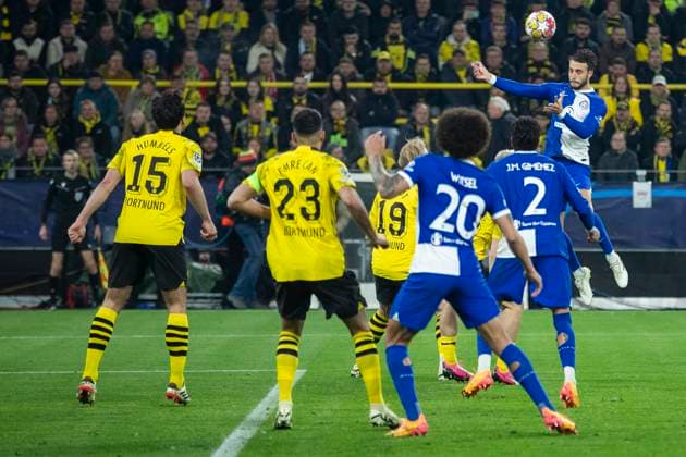 UEFA Champions League, Borussia Dortmund Atletico Madrid, 16 04 2023 Mario Hermoso Atletico Madrid, 22 scores the goal for 1 2 with his head UEFA Champions League, Borussia Dortmund Atletico Madrid, second leg quarter-final, on 16 04 2023, Signal Iduna Park, Dortmund UEFA regulations prohibit any use of photographs as image sequences and or quasi video Copyright: xBEAUTIFULxSPORTS Meuselx
