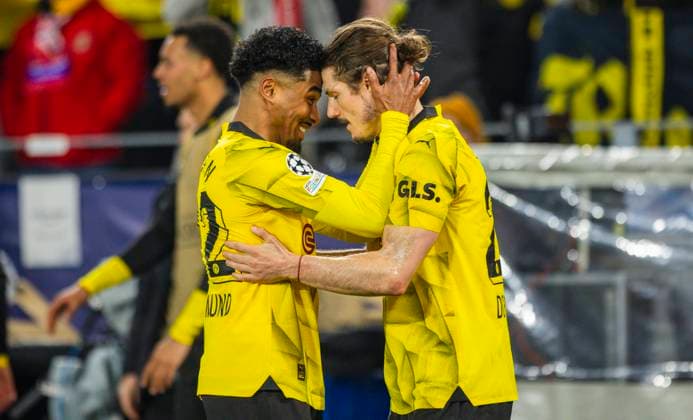 Dortmund Germany 16th Apr 2024 Goal celebration Ian Maatsen BVB Marcel Sabitzer BVB Borussia Dortmund Atletico Madrid 16 04 2024