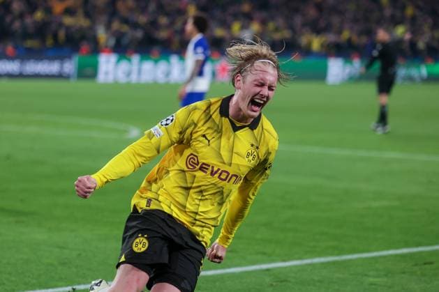 16 04 2024, Football, Season 2023 2024, UEFA Champions League, UCL, Quarter-final, Round 2, Second leg, Borussia Dortmund Atletico Madrid, Julian Brandt Borussia Dortmund celebrates the goal for 4 2, Dortmund Signal Iduna Park NRW Germany xRHR PHOTO DEx Copyright: DennisxEwert RHR-FOTOx RHR-FOTO DE