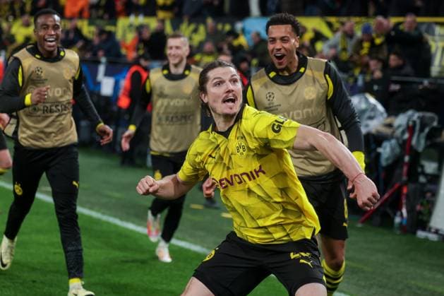 16 04 2024, Football, Season 2023 2024, UEFA Champions League, UCL, Quarter-final, Round 2, Second leg, Borussia Dortmund Atletico Madrid, Marcel Sabitzer Borussia Dortmund celebrates the goal for 4 2, Dortmund Signal Iduna Park NRW Germany xRHR PHOTO DEx Copyright: DennisxEwert RHR-FOTOx RHR-FOTO DE