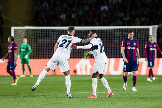 April 16, 2024, Barcelona, Barcelona, Spain: Ousmane Dembele of Paris Saint-Germain FC celebrates a goal during the UEFA Champions League Quarter-final Second Leg, match played between FC Barcelona, Barca and Paris Saint-Germain Fc at Estadio Olimpico de Montjuic on April 16, 2024 in Barcelona, Spain. Barcelona Spain - ZUMAa181 20240416_zaa_a181_029 Copyright: xJavierxBorregox