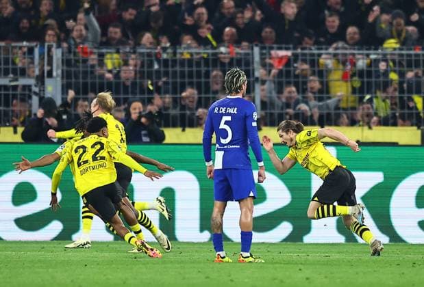 Marcel Sabitzer of Borussia Dortmund celebrates scoring his sides fourth goal with team-mates Borussia Dortmund v Atletico Madrid, UEFA Champions League, Quarter Final, Second Leg, Football, Signal Iduna Park, Dortmund, Germany - 16 Apr 2024 EDITORIAL USE ONLY No use with unauthorised audio, video, data, fixture lists, club league logos or live services. Online in-match use limited to 120 images, no video emulation. No use in betting, games or single club league player publications. Copyright: xMichaelxZemanek Shutterstockx 14434932au