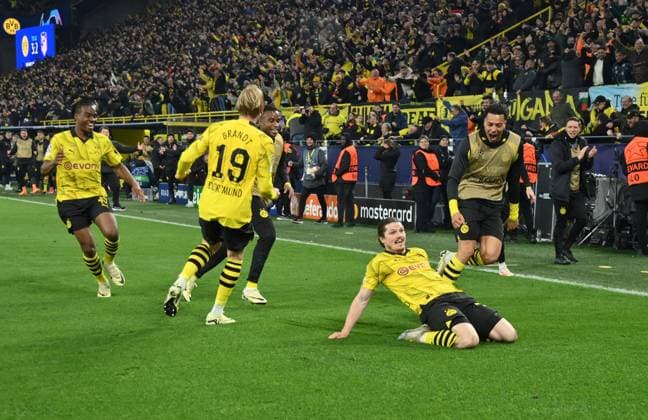 Jubel 4 2 Marcel Sabitzer Borussia Dortmund , re 16 04 2024, Football Champions League, Season 2023 2024, Quarter-final second leg, Borussia Dortmund Atletico Madrid Dortmund Signal Iduna Park Nordrhein Westfalen Germany Team2
