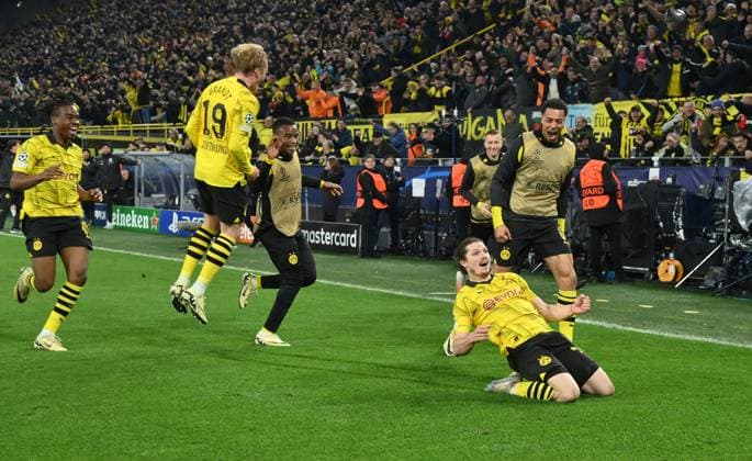 Jubel 4 2 Marcel Sabitzer Borussia Dortmund , re 16 04 2024, Football Champions League, Season 2023 2024, Quarter-final second leg, Borussia Dortmund Atletico Madrid Dortmund Signal Iduna Park Nordrhein Westfalen Germany Team2