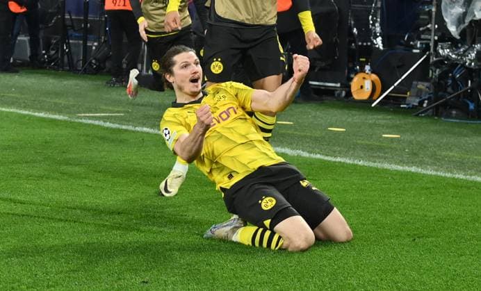 Jubel 4 2 Marcel Sabitzer Borussia Dortmund , re 16 04 2024, Football Champions League, Season 2023 2024, Quarter-final second leg, Borussia Dortmund Atletico Madrid Dortmund Signal Iduna Park Nordrhein Westfalen Germany Team2