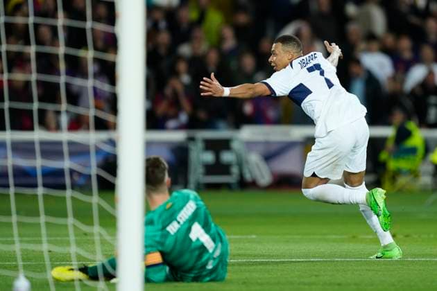 FC Barcelona, Barca v Paris Saint-Germain: Quarter-final Second Leg - UEFA Champions League 2023 24 Kylian Mbappe centre-forward of PSG and France celebrates after scoring his sidesImanol Alguacil head coach of Real Sociedad cond goal during the UEFA Champions League quarter-final second leg match between FC Barcelona and Paris Saint-Germain at Estadi Olimpic Lluis Companys on April 16, 2024 in Barcelona, Spain. Barcelona Spain  Copyright: xJosexBretonx originalFilename:breton-fcbarcel240416_npcfV.jpg