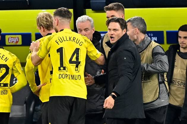 16 04 2024, xjrdrx, Football UEFA Champions League, Borussia Dortmund Atletico Madrid emspor, v l Torjubel nach dem Tor zum celebrating the goal celebrate 3 2 Niclas Füllkrug Borussia Dortmund Trainer Edin Terzic Borussia Dortmund DFL DFB REGULATIONS PROHIBIT ANY USE OF PHOTOGRAPHS as IMAGE SEQUENCES and or QUASI VIDEO Dortmund