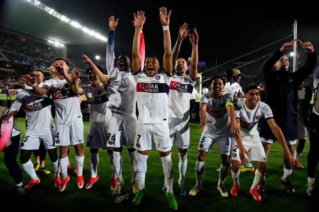 FC Barcelona, Barca v Paris Saint-Germain: Quarter-final Second Leg - UEFA Champions League 2023 24 PSG players celebrates victory after the UEFA Champions League quarter-final second leg match between FC Barcelona and Paris Saint-Germain at Estadi Olimpic Lluis Companys on April 16, 2024 in Barcelona, Spain. Barcelona Spain  Copyright: xJosexBretonx originalFilename:breton-fcbarcel240416_npBQG.jpg