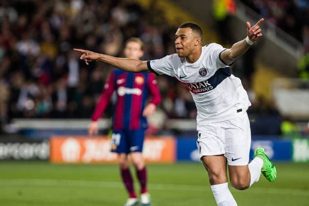 April 16, 2024, Barcelona, Barcelona, Spain: Kylian Mbappe of Paris Saint-Germain FC celebrates a goal during the UEFA Champions League Quarter-final Second Leg, match played between FC Barcelona, Barca and Paris Saint-Germain Fc at Estadio Olimpico de Montjuic on April 16, 2024 in Barcelona, Spain. Barcelona Spain - ZUMAa181 20240416_zaa_a181_045 Copyright: xJavierxBorregox