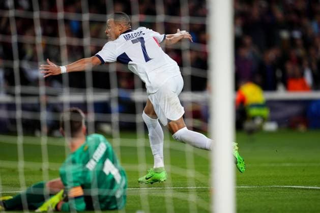 ESP: FC Barcelona, Barca v Paris Saint Germain PSG UEFA Champions League match. Quarter-finals Kilian Mbappe celebrates after scoring the 1-4 during the UEFA Champions League match, Quarter-finals, second leg, between FC Barcelona v Paris Saint Germain PSG played at Lluis Companys Stadium on April 16, 2024 in Barcelona Spain. kpng Copyright: xBaguxBlancox xPRESSINPHOTOx PS_240416_073