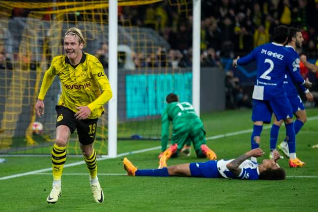 UEFA Champions League, Borussia Dortmund Atletico Madrid, 16 04 2023 Julian Brandt Borussia Dortmund, 19 cheers after his goal for 1 0 UEFA Champions League, Borussia Dortmund Atletico Madrid, second leg quarter-final, on 16 04 2023, Signal Iduna Park, Dortmund UEFA regulations prohibit any use of photographs as image sequences and or quasi video Copyright: xBEAUTIFULxSPORTS Meuselx