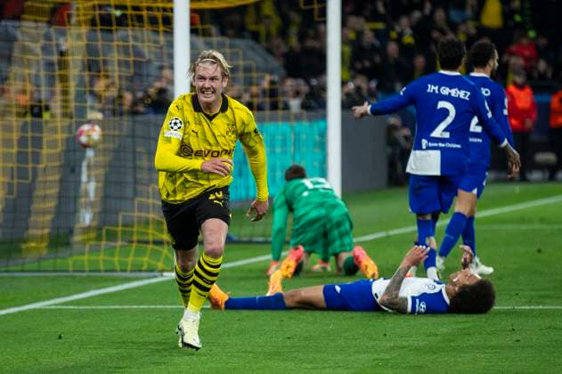 UEFA Champions League, Borussia Dortmund Atletico Madrid, 16 04 2023 Julian Brandt Borussia Dortmund, 19 cheers after his goal for 1 0 UEFA Champions League, Borussia Dortmund Atletico Madrid, second leg quarter-final, on 16 04 2023, Signal Iduna Park, Dortmund UEFA regulations prohibit any use of photographs as image sequences and or quasi video Copyright: xBEAUTIFULxSPORTS Meuselx