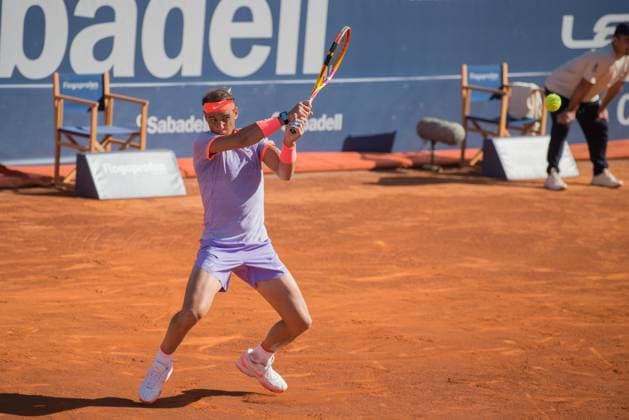 April 16, 2024: RAFAEL NADAL hits the ball during a match against FLAVIO COBOLLI in the Barcelona Open Banc Sabadell 2023. RAFAEL NADAL won the match 6-2 6-3. Barcelona Spain - ZUMAr159 20240416_aap_r159_014 Copyright: xPatriciaxRodriguesx