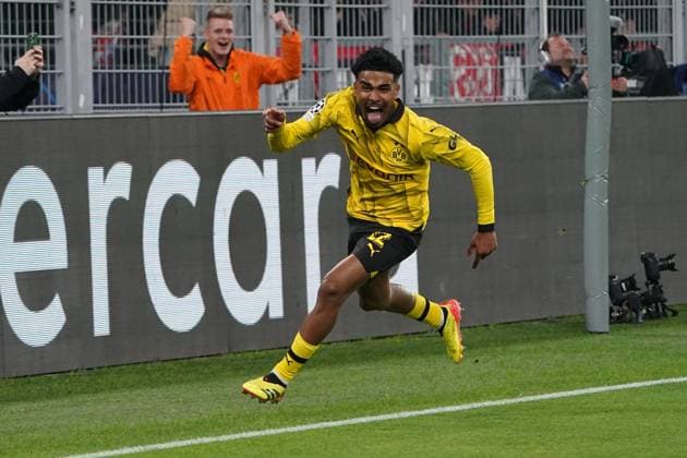 Football, UEFA Champions League season 2023 2024, Quarterfinal, Quarterfinal, Borussia Dortmund Club de Atletico Madrid, Signal Iduna Park Dortmund Ian Maatsen bvb , Torjubelt action, single image