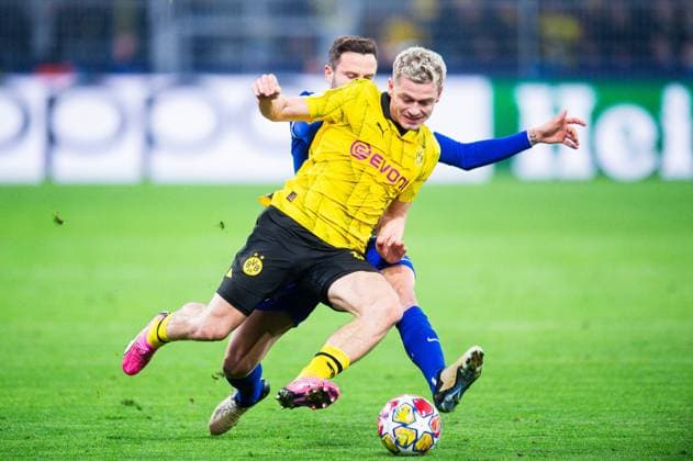 16 04 2024 Football, 2023 2024, UEFA Champions League, quarter-finals, Borussia Dortmund Atletico Madrid L R Saul Niguez Esclapez Atletico Madrid , Julian Ryerson Dortmund